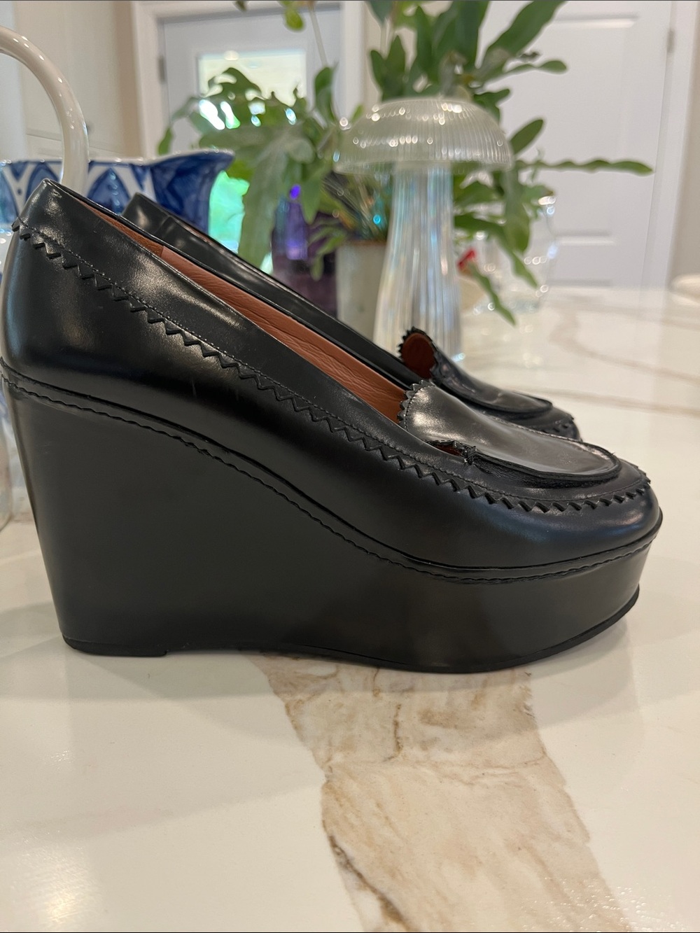 Carven for Robert Clergerie Black Leather 4” Total Wedge w 1.5” Platform Loafer